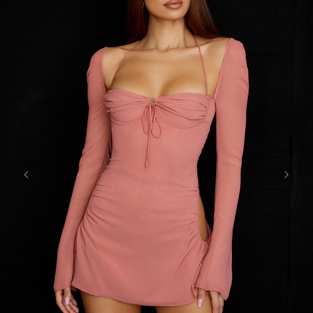 Chic Cutout Halter Long Sleeve Blush Dress - Picture 1 of 5